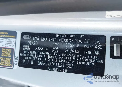 2020 Kia Forte Lxs z USA, uszkodzony, nr VIN 3KPF24AD1LE212365